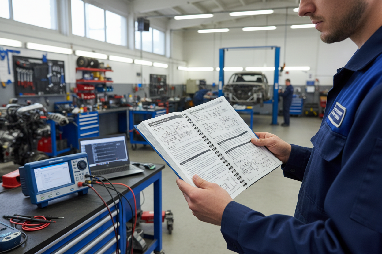 con un manual de osciloscopio en la mano en un taller
