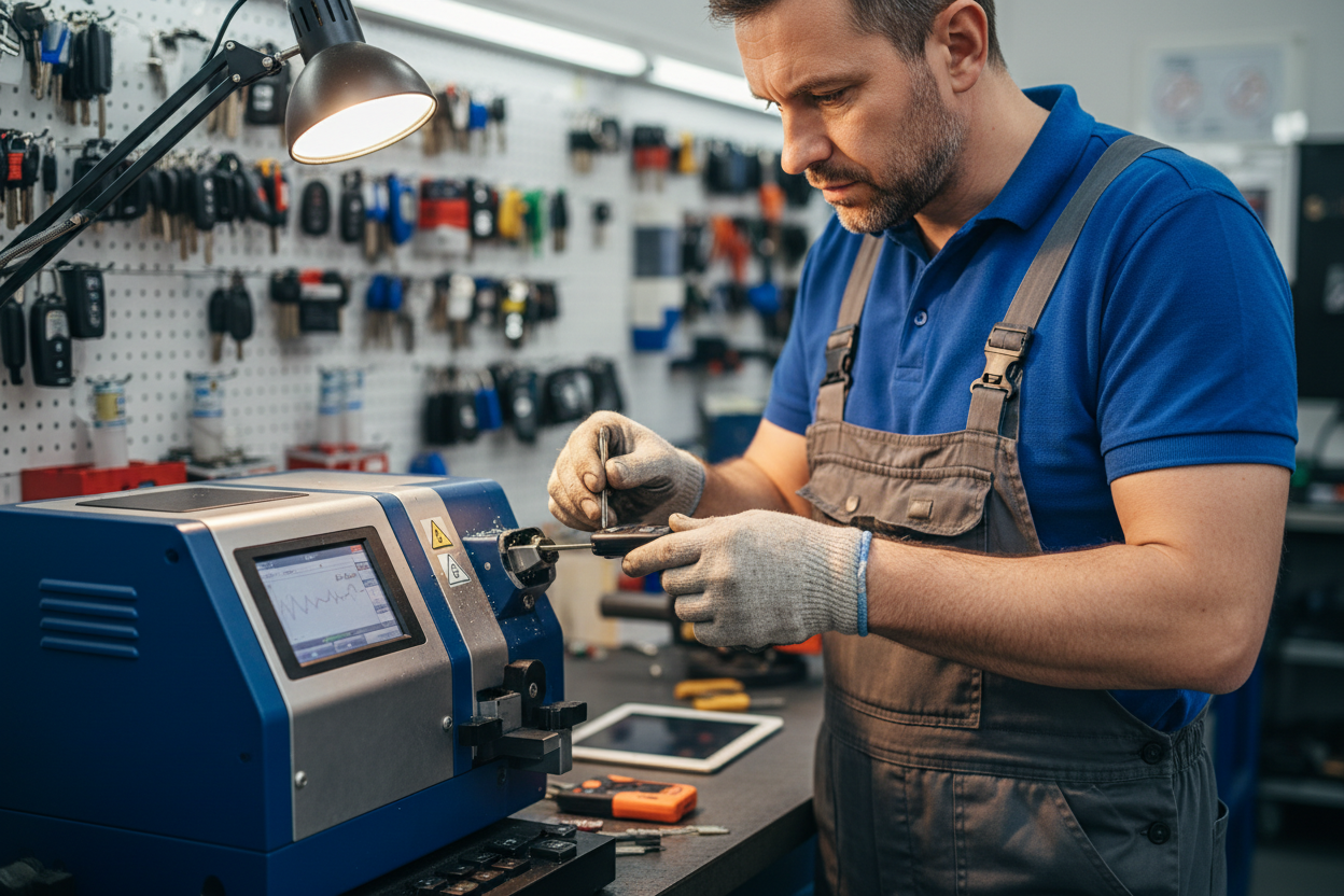 hombre con una maquina cortadora de llave para cerrajeria pero con una llave de un automovil 