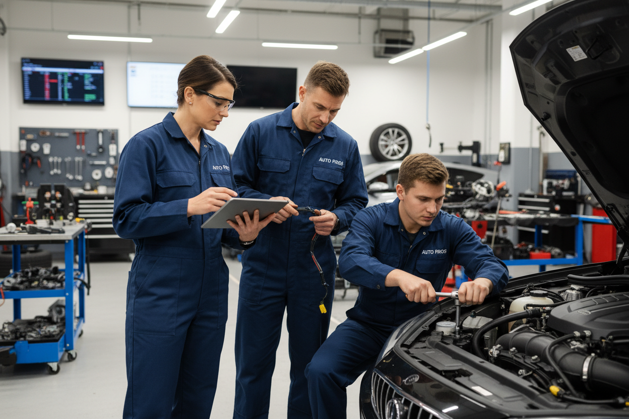 personal del taller mecanico prestando atencion