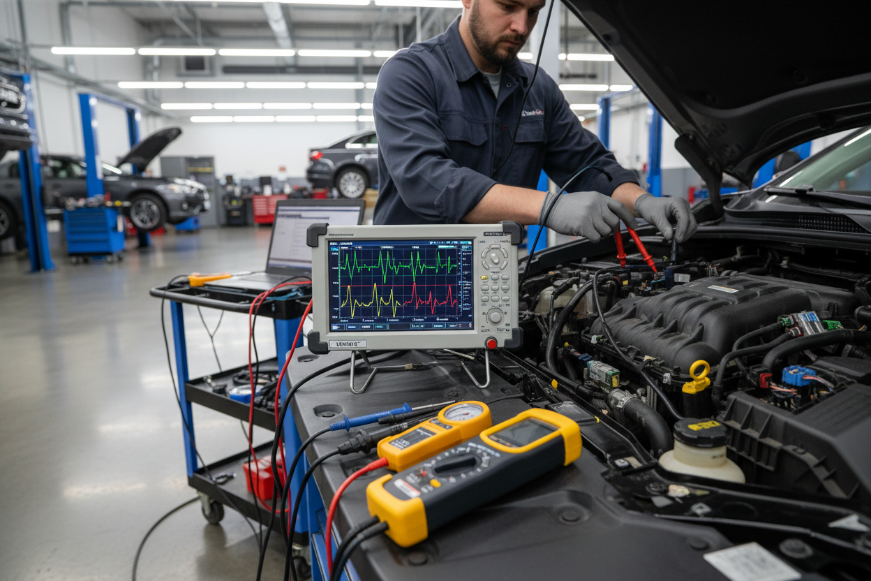 revisando sensores del auto con un osciloscopio