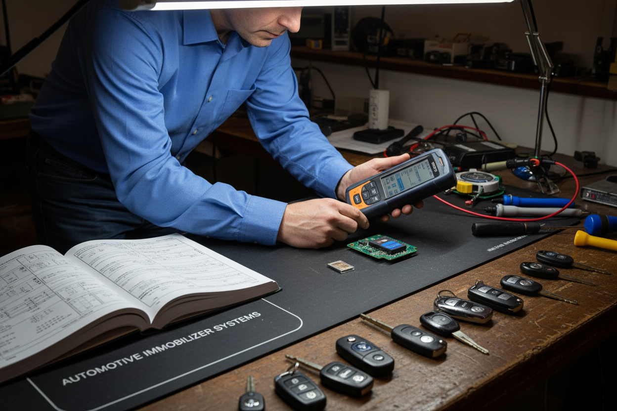 un hombre con un escaner immo con transponder en la mesa y un libro y diferentes llaves de automoviles 